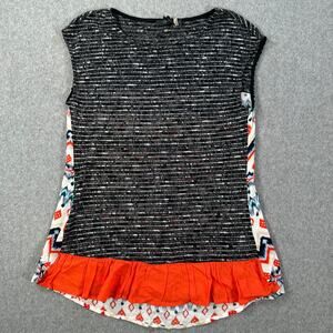 THML Mixed Print Ruffle Hem Blouse Women's XS Black White Sheer Knit Sleeveless